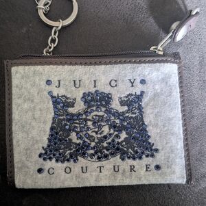 Juicy Couture Gray Coin Pouch with Blue Rhinestone Crest and Brown Trim